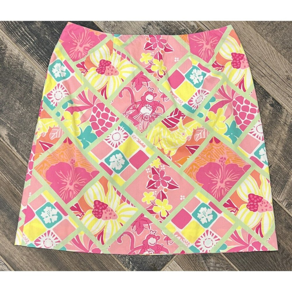 Lilly Pulitzer‎ Pink Yellow Diamondhead Monkeys Lined Cotton Zip Skirt Womens 4